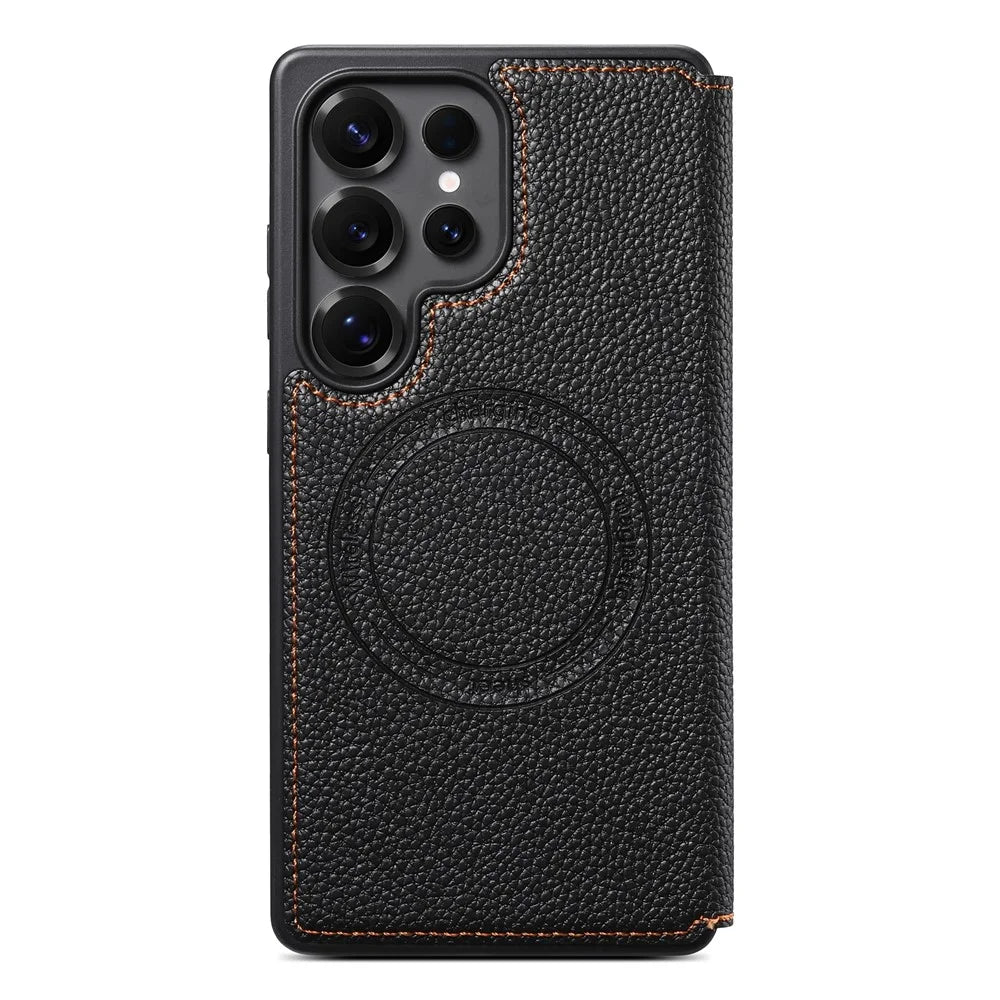 ESEBLE For Samsung Galaxy S25 Ultra Magnetic Case Ultra Thin Litching Textured Leather Flip Cover with Card Slot - Black - 4