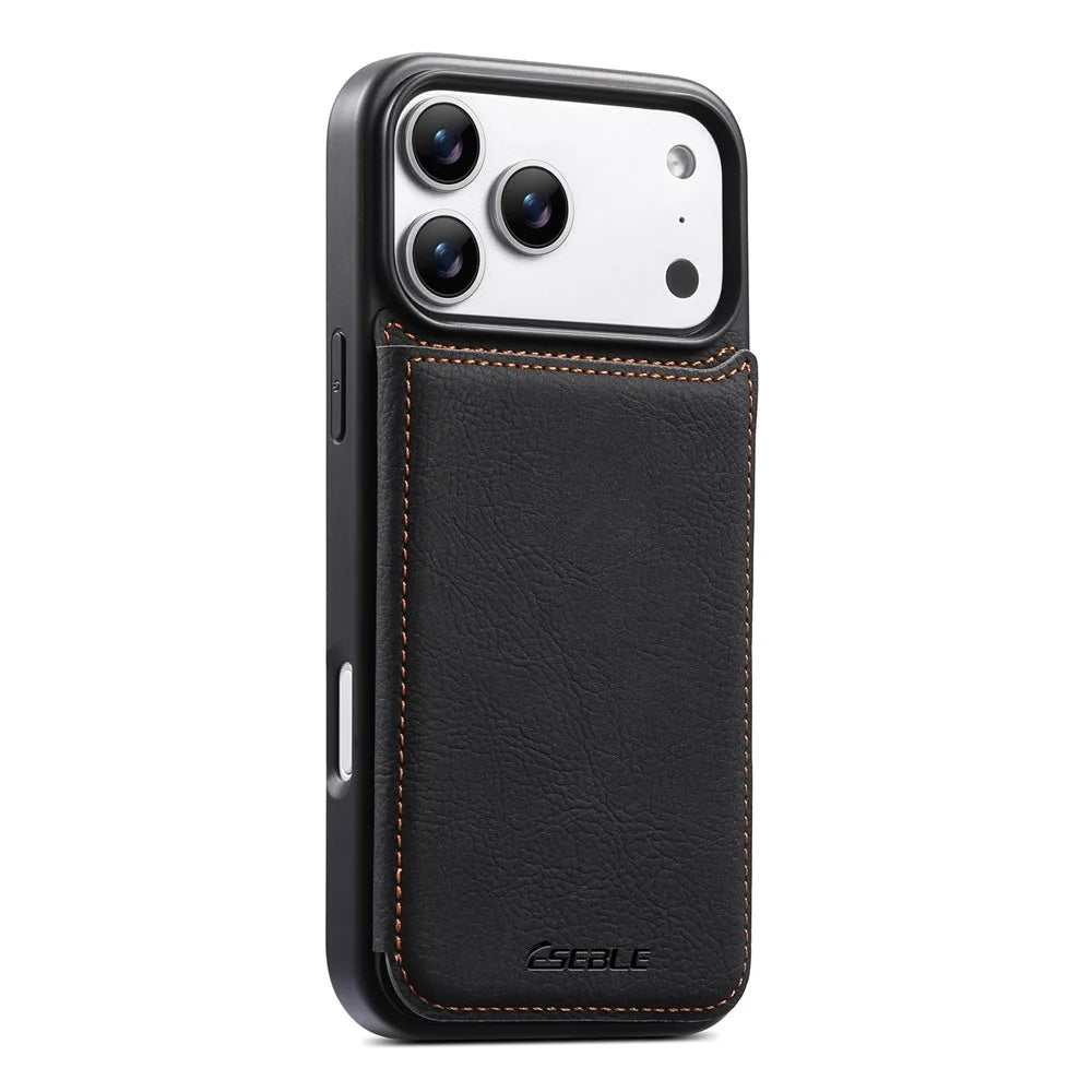 ESEBLE For iPhone 17 Pro Max Phone Case with Card Holder Vintage Textured PC + PU Leather Back Cover - Black - 1