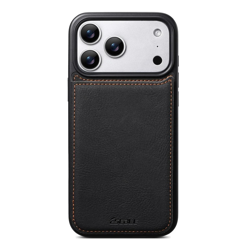 ESEBLE For iPhone 17 Pro Max Phone Case with Card Holder Vintage Textured PC + PU Leather Back Cover - Black - 2