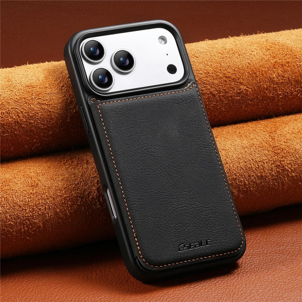 ESEBLE For iPhone 17 Pro Max Phone Case with Card Holder Vintage Textured PC + PU Leather Back Cover - Black - 6