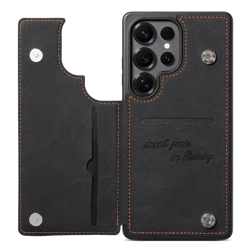 ESEBLE For Samsung Galaxy S25 Ultra Phone Case with Card Holder Vintage Textured PC + PU Leather Back Cover - Black - 3