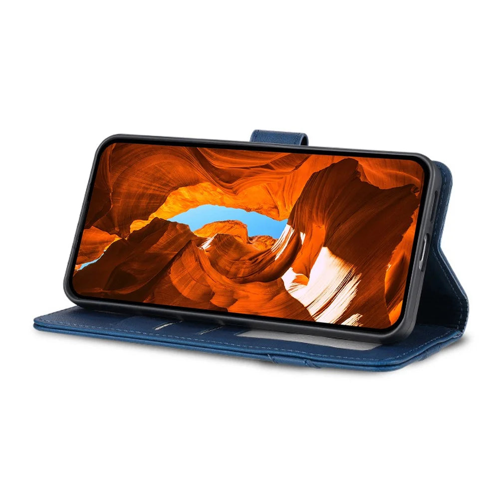 AZNS A2 for iPhone 16 Leather Case with Wrist Strap RFID Blocking Wallet Stand Phone Cover - Blue - 3