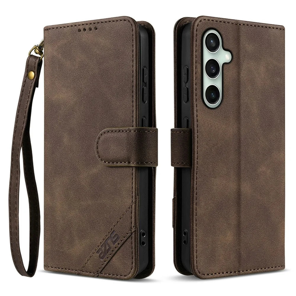 AZNS A2 for Samsung Galaxy S24 FE Leather Case with Wrist Strap RFID Blocking Wallet Stand Phone Cover - Brown - 1