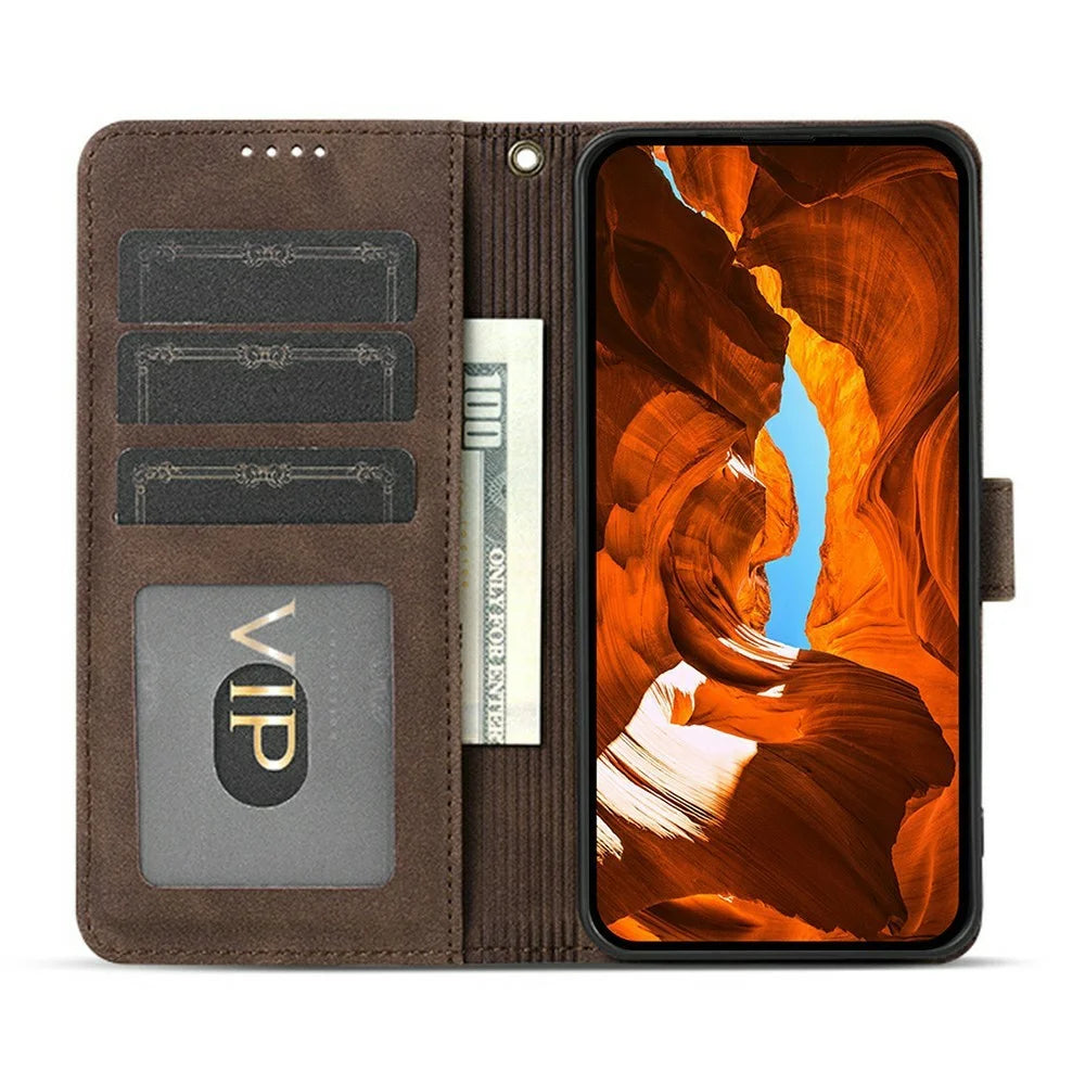 AZNS A2 for Samsung Galaxy S25 FE Leather Case with Wrist Strap RFID Blocking Wallet Stand Phone Cover - Brown - 2