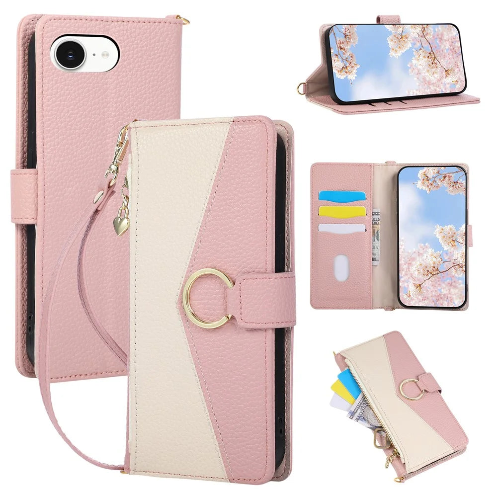 Wallet Case for iPhone 17e / 16e Triangular Splicing Zipper Leather Flip Cover with Wrist Strap - Pink - 1