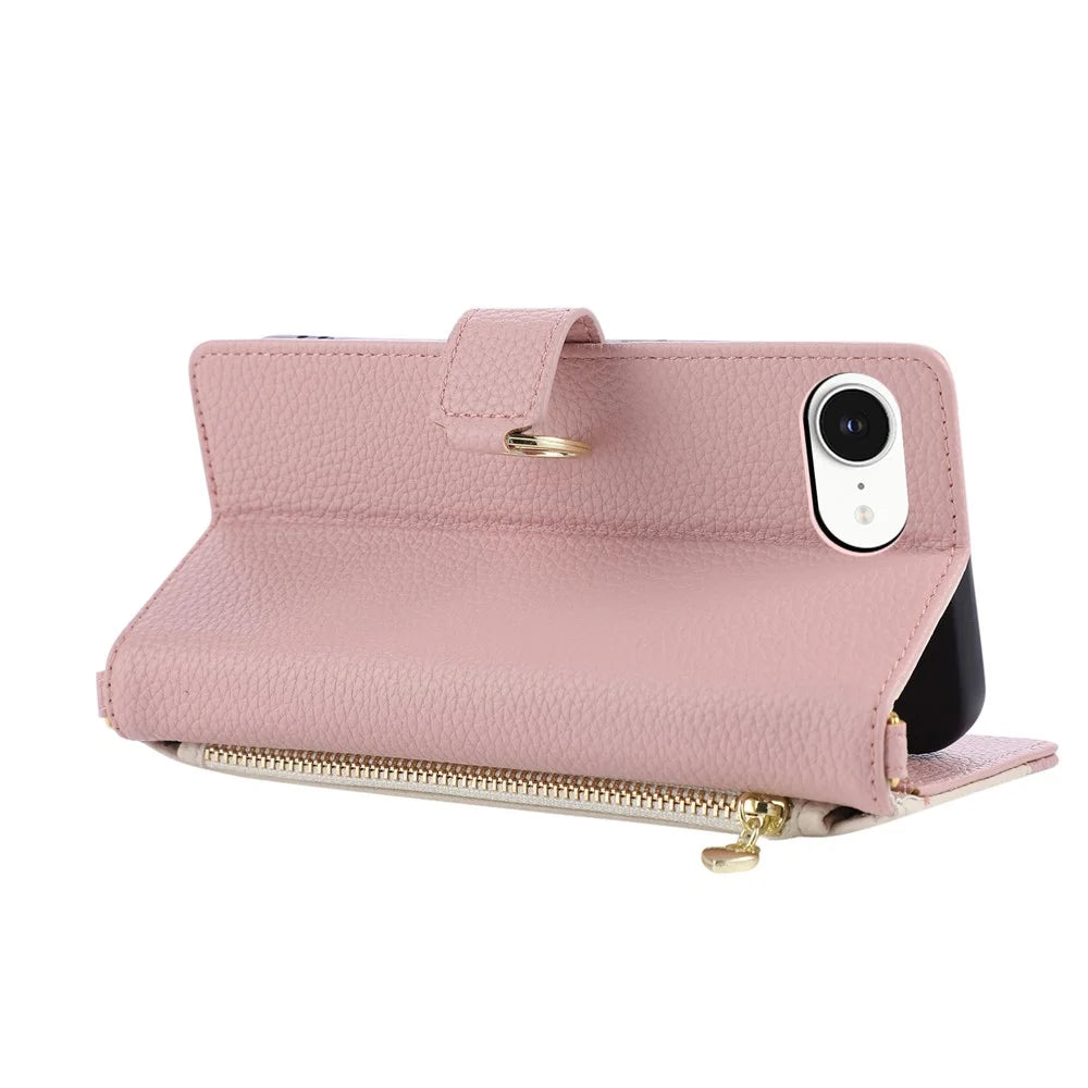 Wallet Case for iPhone 17e / 16e Triangular Splicing Zipper Leather Flip Cover with Wrist Strap - Pink - 2
