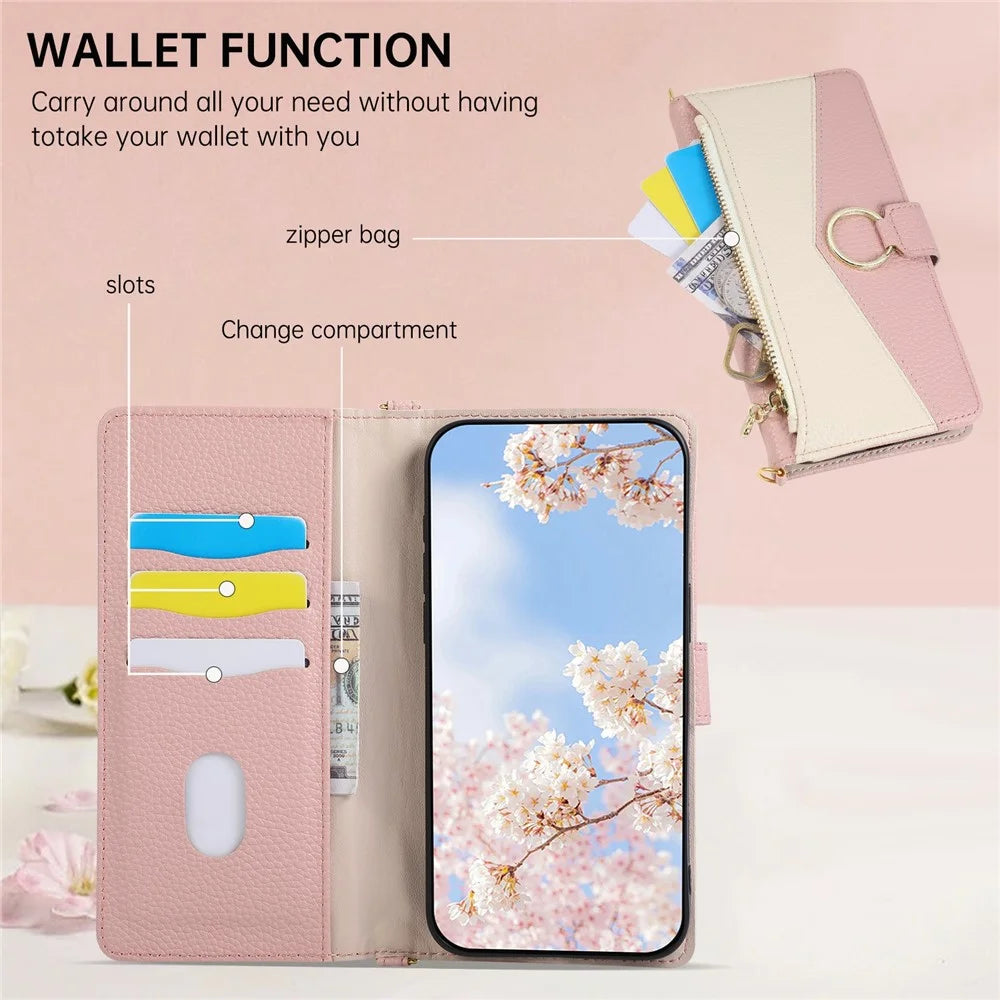 For iPhone 16 Wallet Case Triangular Splicing Zipper Leather Flip Cover with Wrist Strap - Pink - 7