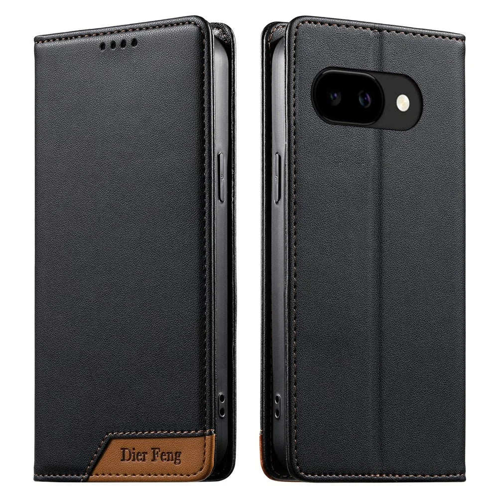 DIERFENG DF-018 for Google Pixel 10a Case RFID Blocking Wallet Leather Phone Cover with Color Splicing Logo Corner - Black - 1