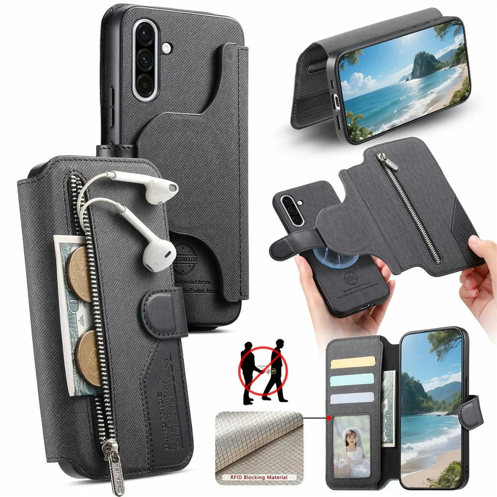 For Samsung Galaxy A16 5G / 4G Magnetic Case RFID Blocking Detachable Wallet Stand Cloth Texture Leather Phone Cover - Black - 1