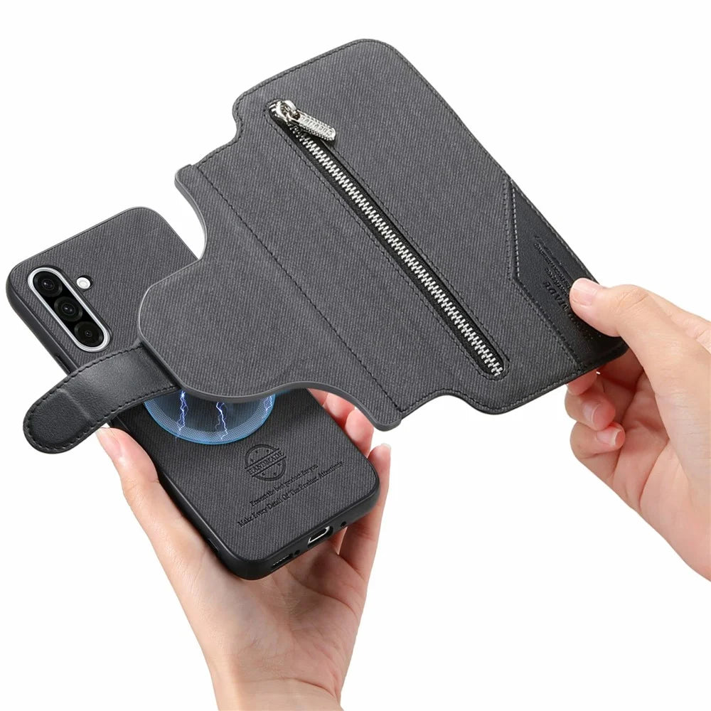 For Samsung Galaxy A16 5G / 4G Magnetic Case RFID Blocking Detachable Wallet Stand Cloth Texture Leather Phone Cover - Black - 5