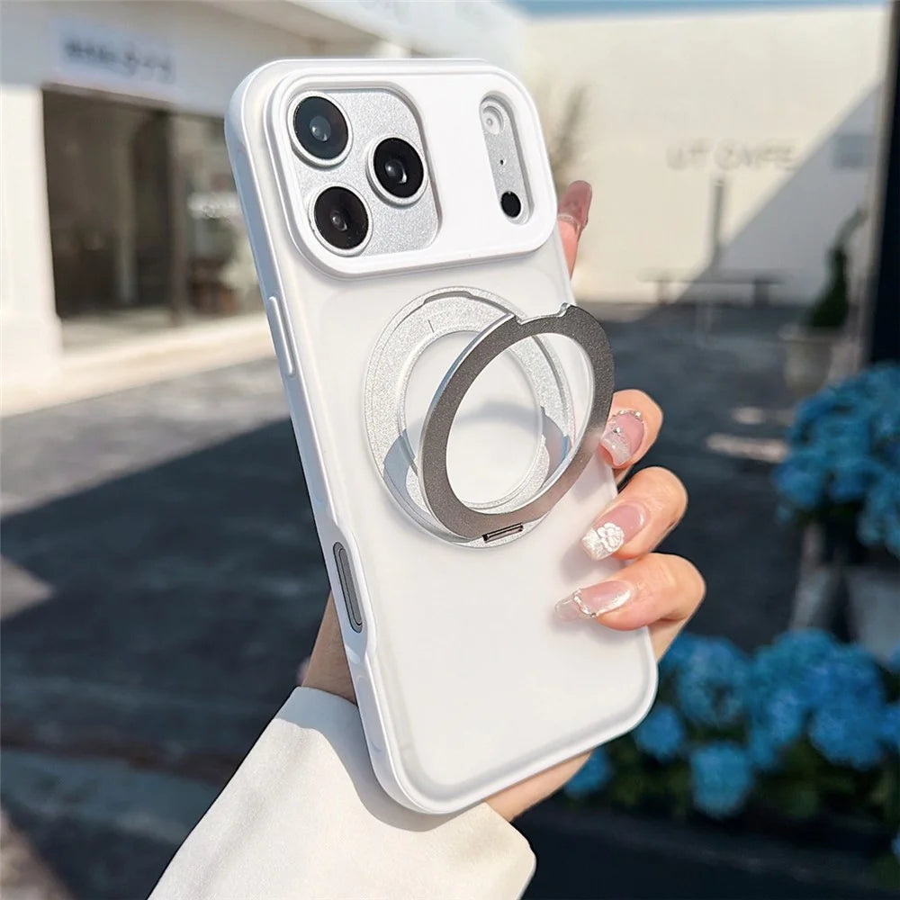 For iPhone 18 Pro / 17 Pro Magnetic Case Rotating Ring Kickstand PC + TPU Skin-touch Phone Cover - Transparent White - 1