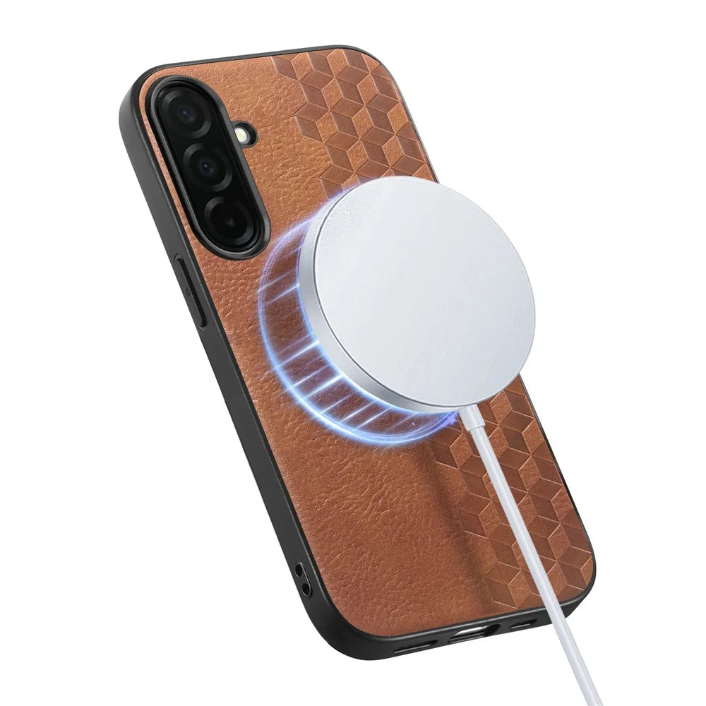 For Samsung Galaxy S26 Magnetic Phone Case with Grid Pattern Protective PU Leather + PC Cover - Brown - 3