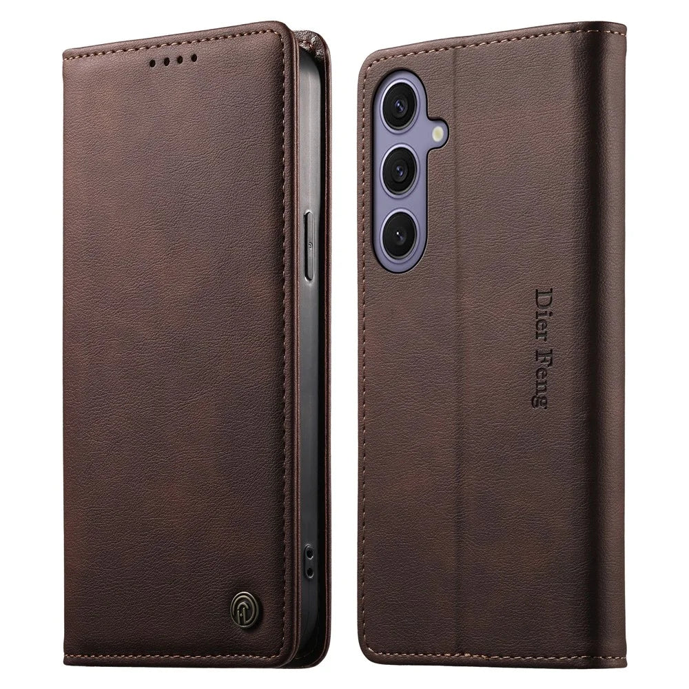 DIERFENG DF-019 for Samsung Galaxy S24+ / S25+ Leather Wallet Case Magnetic Flip Cover with Card Slots RFID Blocking - Dark Brown - 1