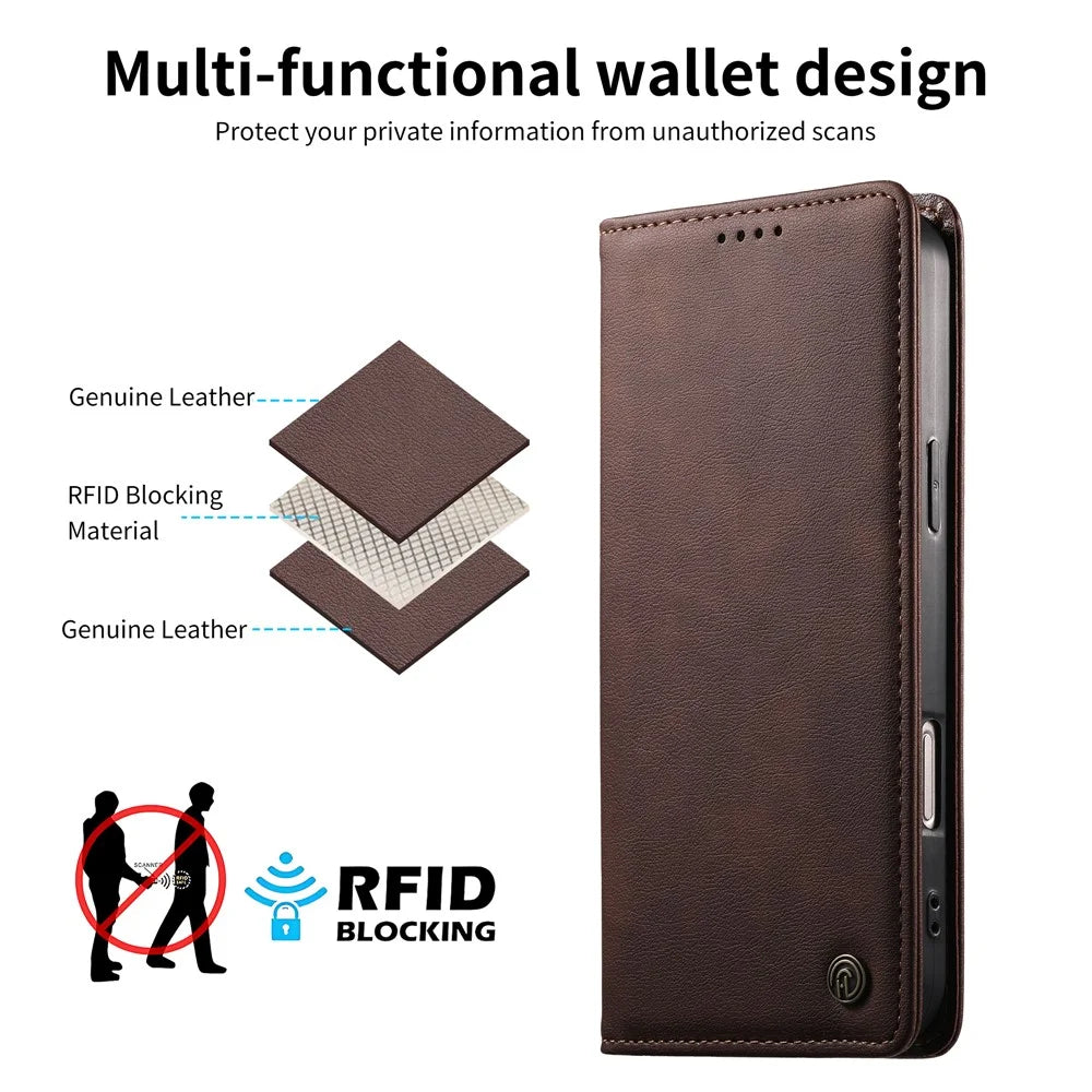 DIERFENG DF-019 for Samsung Galaxy S24+ / S25+ Leather Wallet Case Magnetic Flip Cover with Card Slots RFID Blocking - Dark Brown - 6
