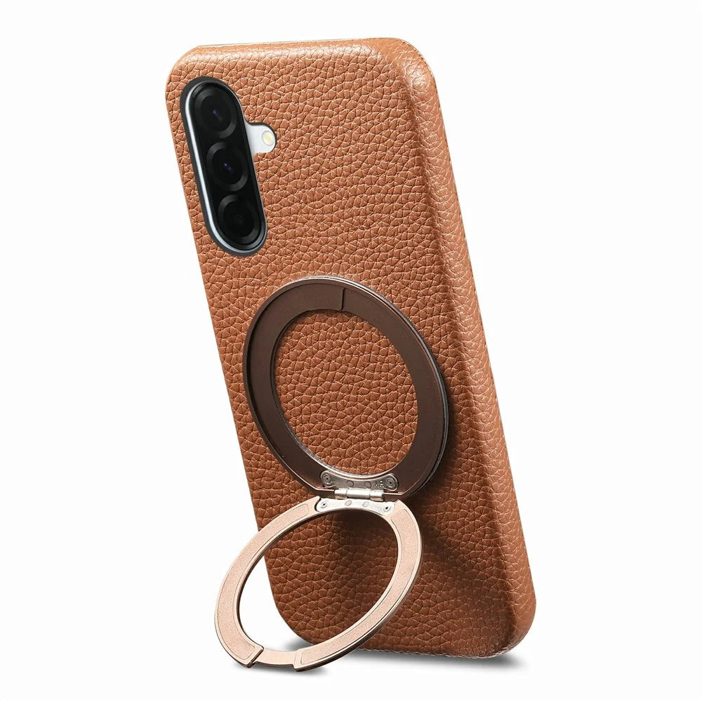 For Samsung Galaxy A37 5G Magnetic Case PC PU Phone Cover with 360 Rotating Ring Kickstand - Brown - 2