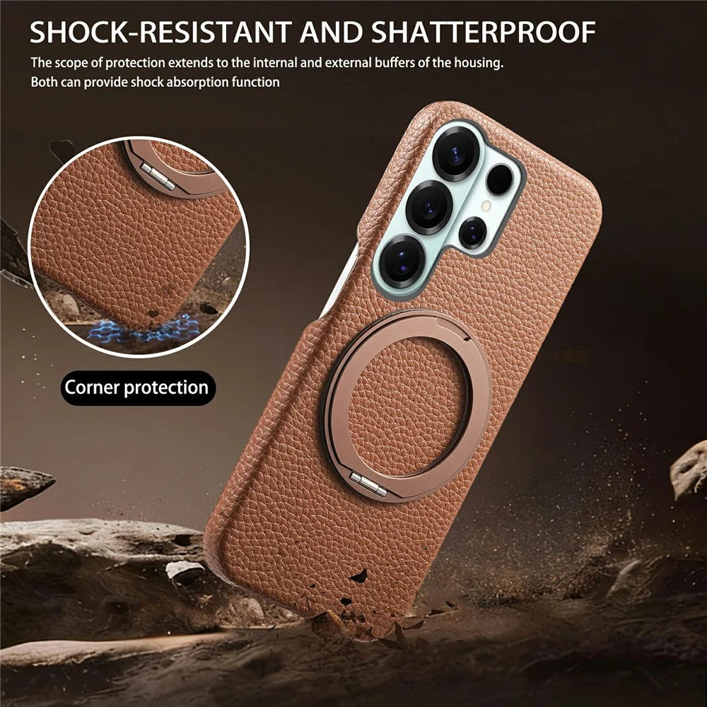 For Samsung Galaxy S25 Ultra Magnetic Case PC PU Phone Cover with 360 Rotating Ring Kickstand - Brown - 3