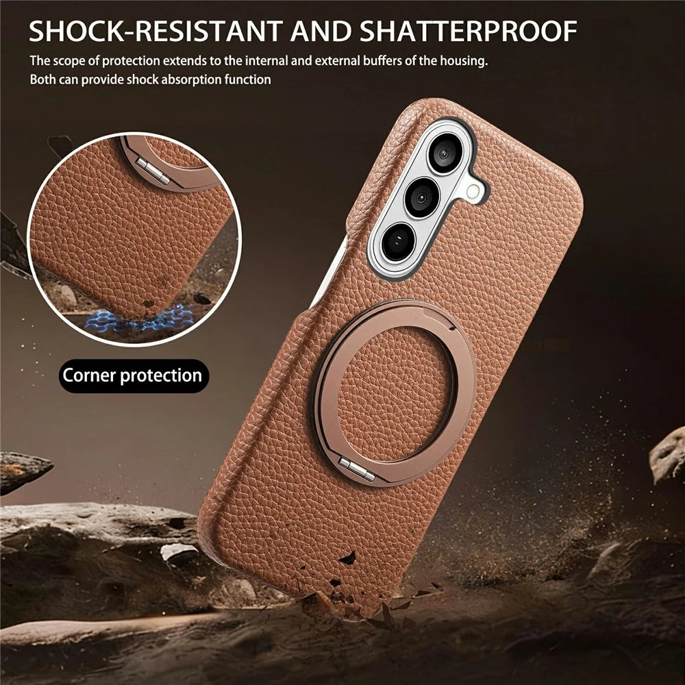 For Samsung Galaxy S25+ Magnetic Case PC PU Phone Cover with 360 Rotating Ring Kickstand - Brown - 3