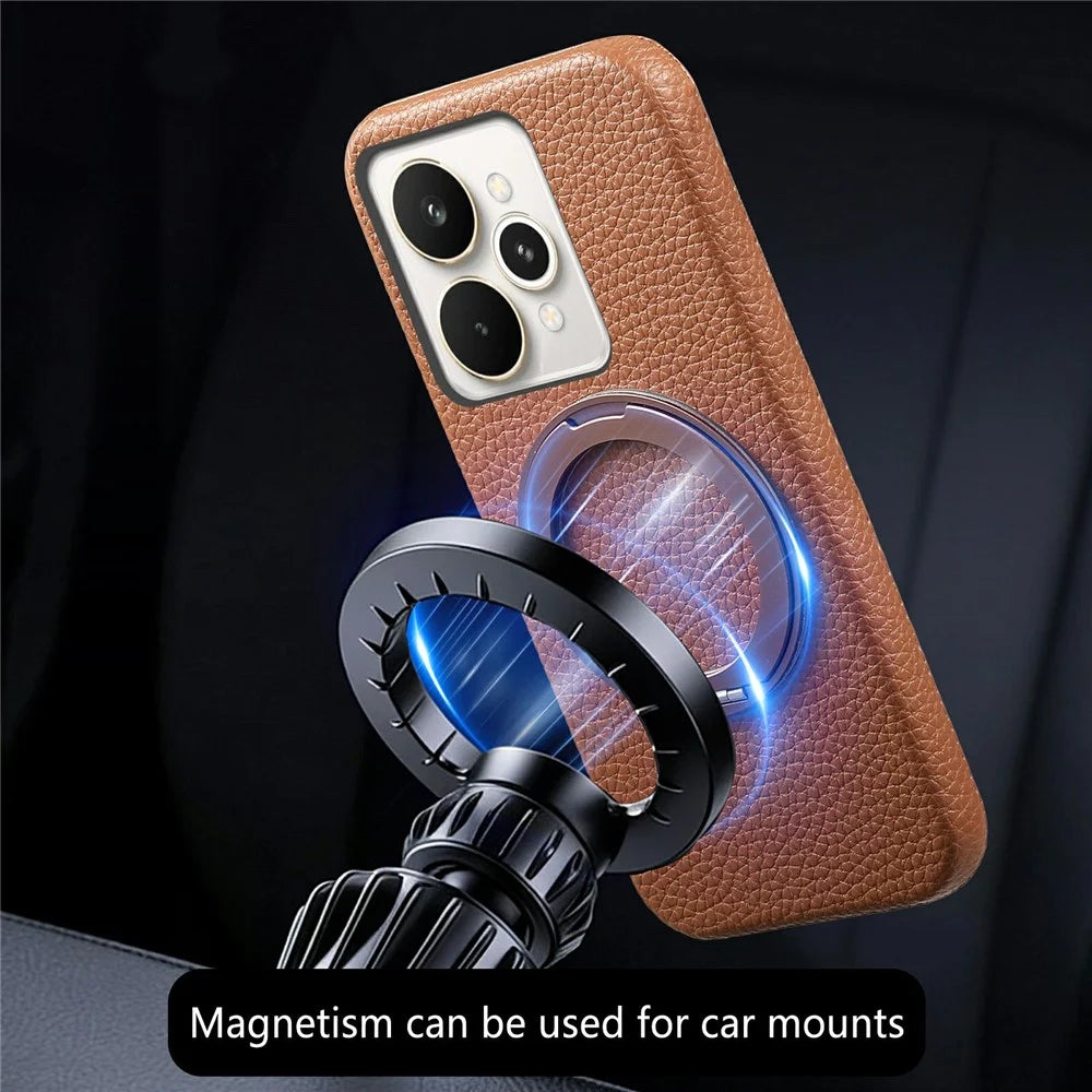 For Realme 15 Pro 5G Magnetic Case PC PU Phone Cover with 360 Rotating Ring Kickstand - Brown - 5