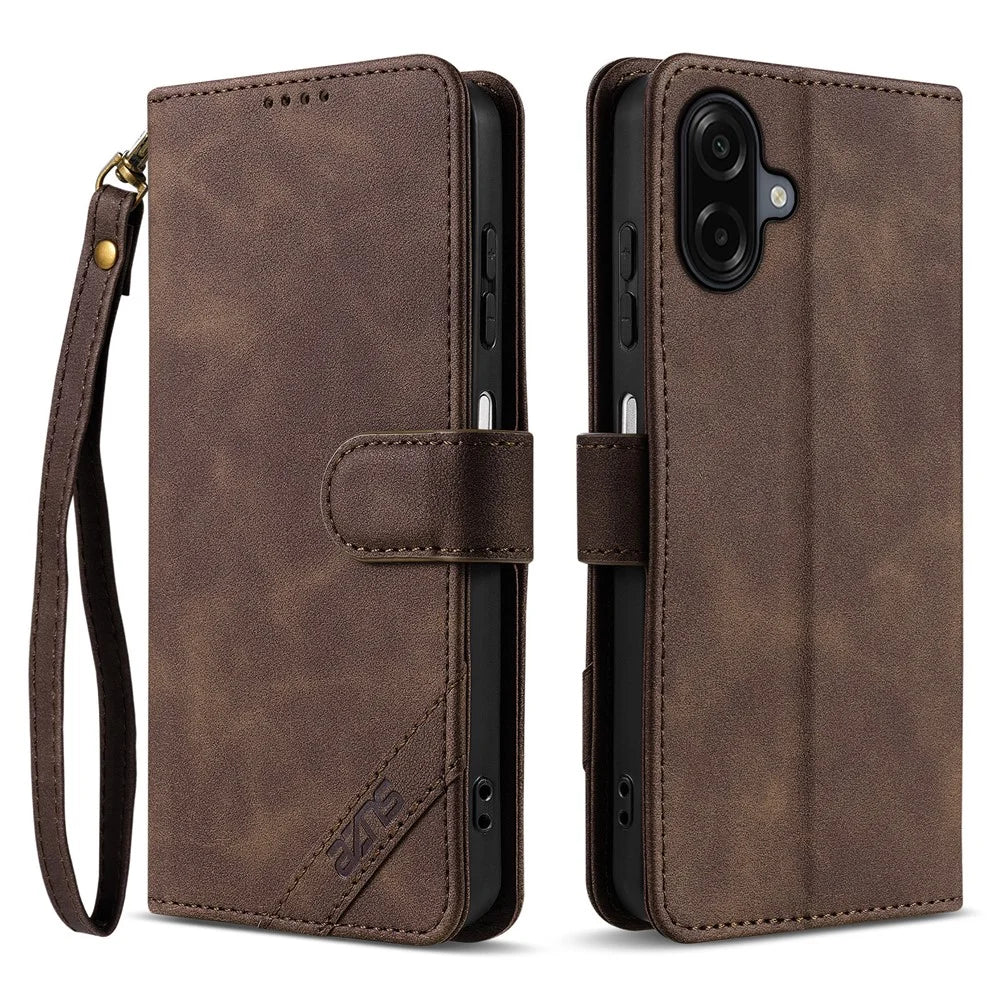 AZNS A2 for Samsung Galaxy A08 5G / A08 4G / A07 4G Leather Case with Wrist Strap RFID Blocking Wallet Stand Phone Cover - Brown - 1