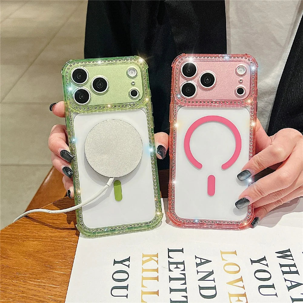 For iPhone 18 Pro Max / 17 Pro Max Magnetic Phone Case Sparkling Rhinestone Decor TPU + Acrylic Transparent Cover with Short Lanyard Compatible with MagSafe - Orange - 3