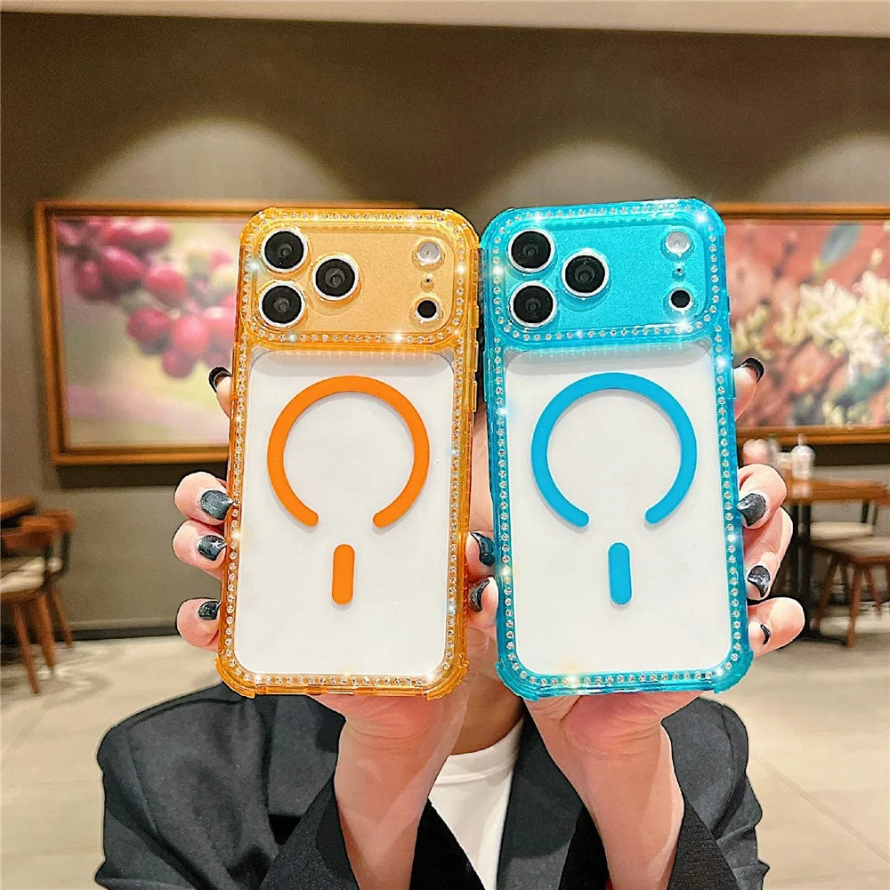 For iPhone 18 Pro Max / 17 Pro Max Magnetic Phone Case Sparkling Rhinestone Decor TPU + Acrylic Transparent Cover with Short Lanyard Compatible with MagSafe - Orange - 4