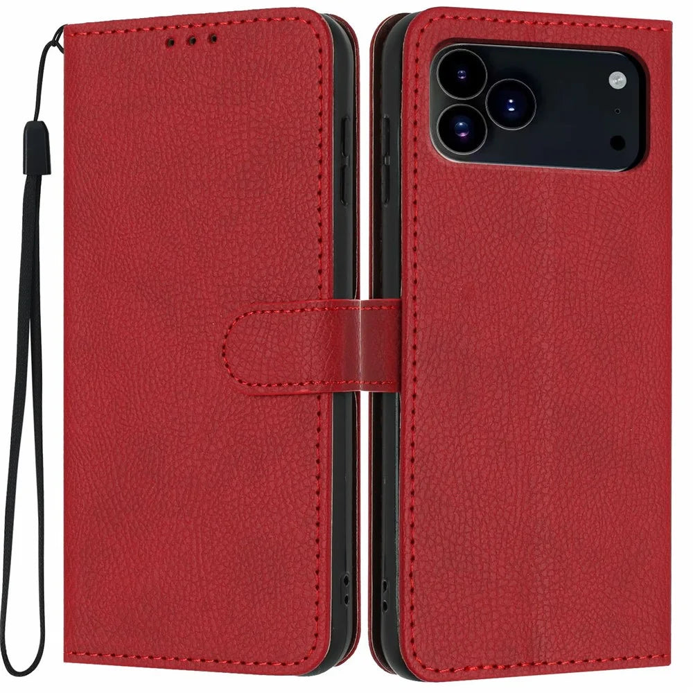 For iPhone 18 Pro Max / 17 Pro Max Wallet Case Litchi Texture Leather Flip Cover with Card Slots and Hand Strap - Red - 1