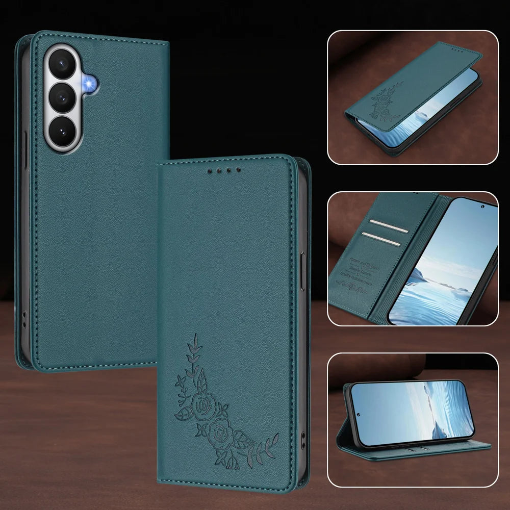 For Samsung Galaxy S26 Wallet Stand Case Peony Flower Pattern TPU PU Leather Flip Cover - Green - 6