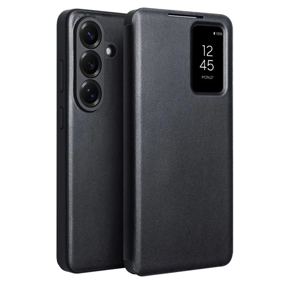 QIALINO For Samsung Galaxy S26+ Case View Window Genuine Cow Leather Flip Phone Cover (APP Version) - Black - 1