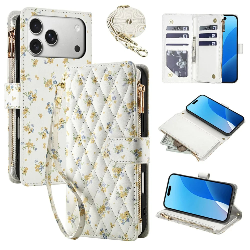 For iPhone 18 Pro / 17 Pro Leather Case with Wrist Strap / Shoulder Strap Rhombic Floral Pattern Zipper Wallet Phone Cover - A5 - 1