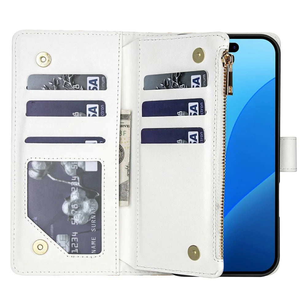 For iPhone 18 Pro / 17 Pro Leather Case with Wrist Strap / Shoulder Strap Rhombic Floral Pattern Zipper Wallet Phone Cover - A5 - 2