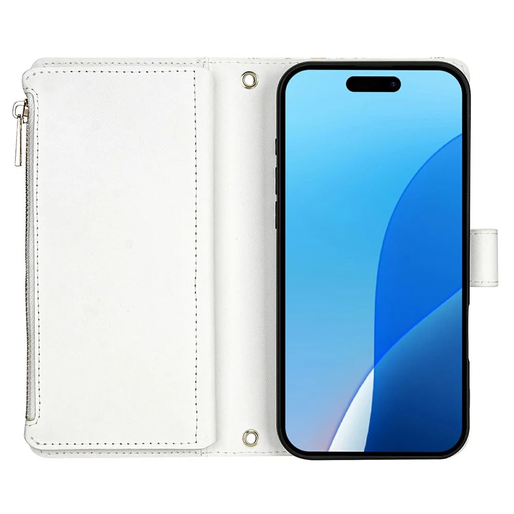 For iPhone 18 Pro / 17 Pro Leather Case with Wrist Strap / Shoulder Strap Rhombic Floral Pattern Zipper Wallet Phone Cover - A5 - 3