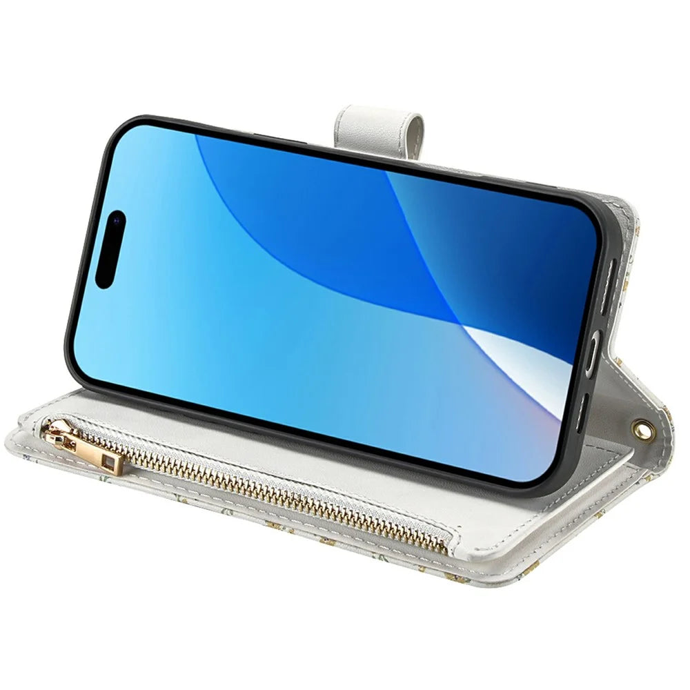 For iPhone 18 Pro / 17 Pro Leather Case with Wrist Strap / Shoulder Strap Rhombic Floral Pattern Zipper Wallet Phone Cover - A5 - 4