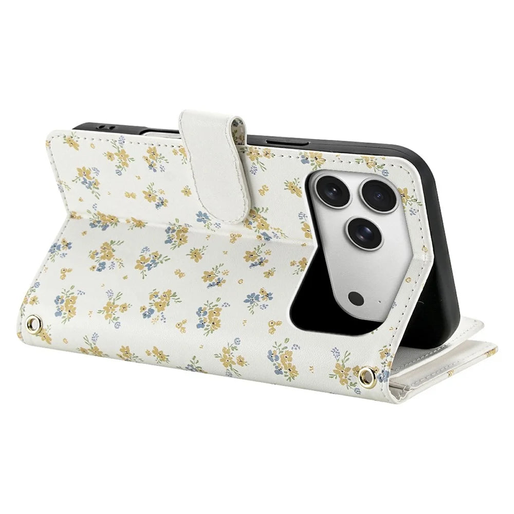 For iPhone 18 Pro / 17 Pro Leather Case with Wrist Strap / Shoulder Strap Rhombic Floral Pattern Zipper Wallet Phone Cover - A5 - 5