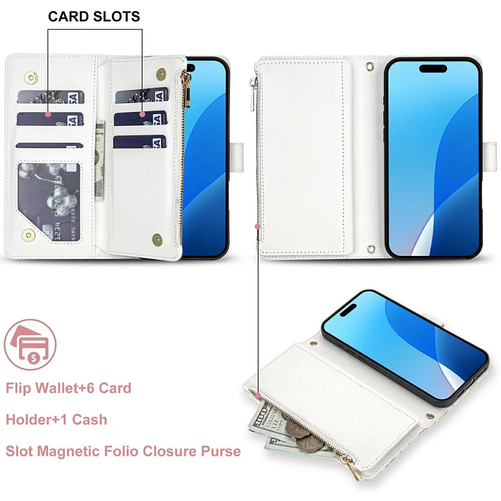 For iPhone 18 Pro / 17 Pro Leather Case with Wrist Strap / Shoulder Strap Rhombic Floral Pattern Zipper Wallet Phone Cover - A5 - 7