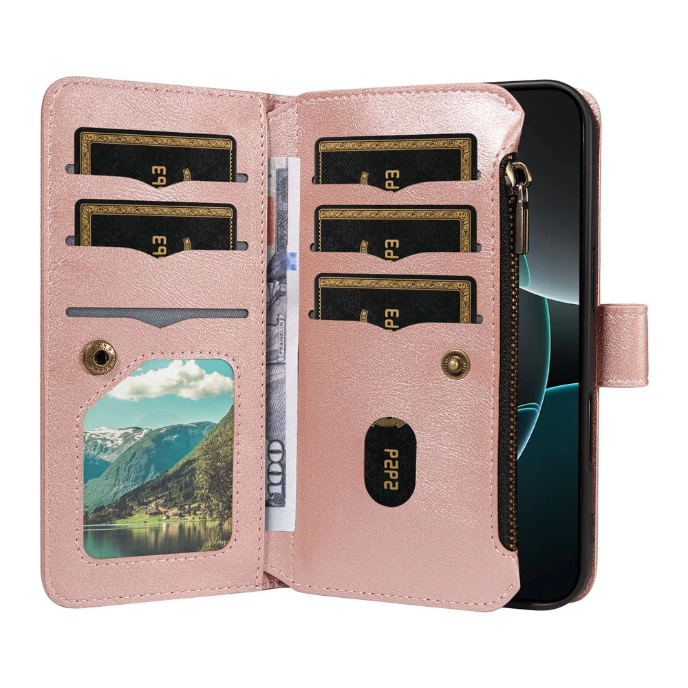 For iPhone 18 Pro Max / 17 Pro Max Wallet Case 9 Card Slots RFID Blocking Mandala Embossed Leather Flip Cover with Wrist Strap - Rose Gold - 2