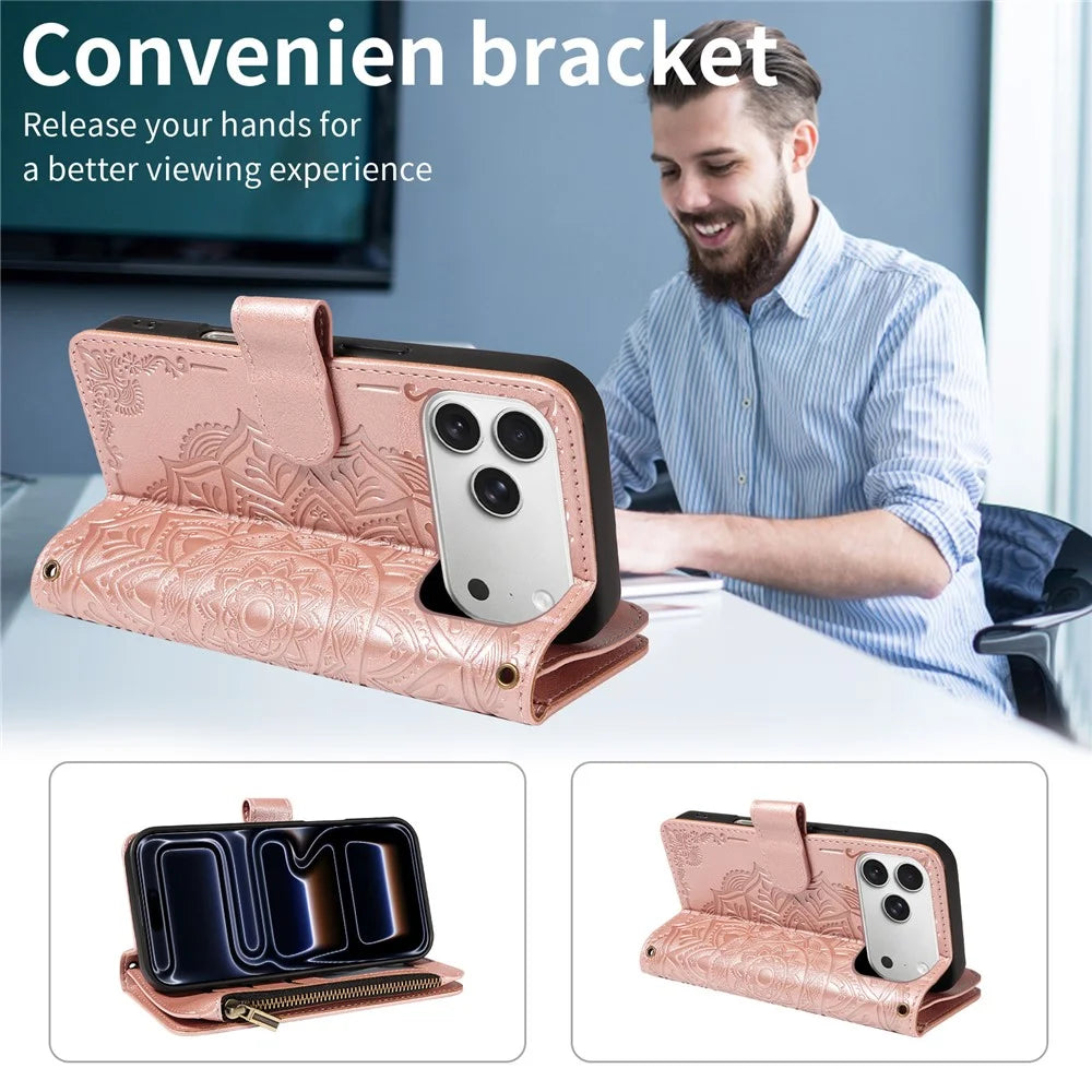 For iPhone 18 Pro Max / 17 Pro Max Wallet Case 9 Card Slots RFID Blocking Mandala Embossed Leather Flip Cover with Wrist Strap - Rose Gold - 7