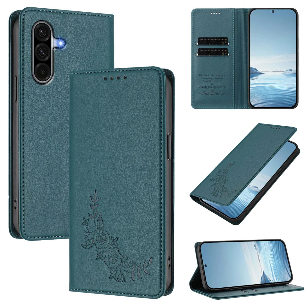 For Samsung Galaxy A18 5G / A18 4G / A17 5G / A17 4G / A26 5G Wallet Stand Case Peony Flower Pattern TPU PU Leather Flip Cover - Green - 3