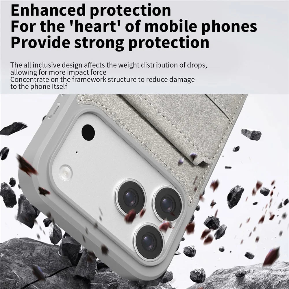 For iPhone 17 Pro Case Multi-Card Slots Kickstand Leather + PC + TPU Shockproof Phone Cover - Grey - 3