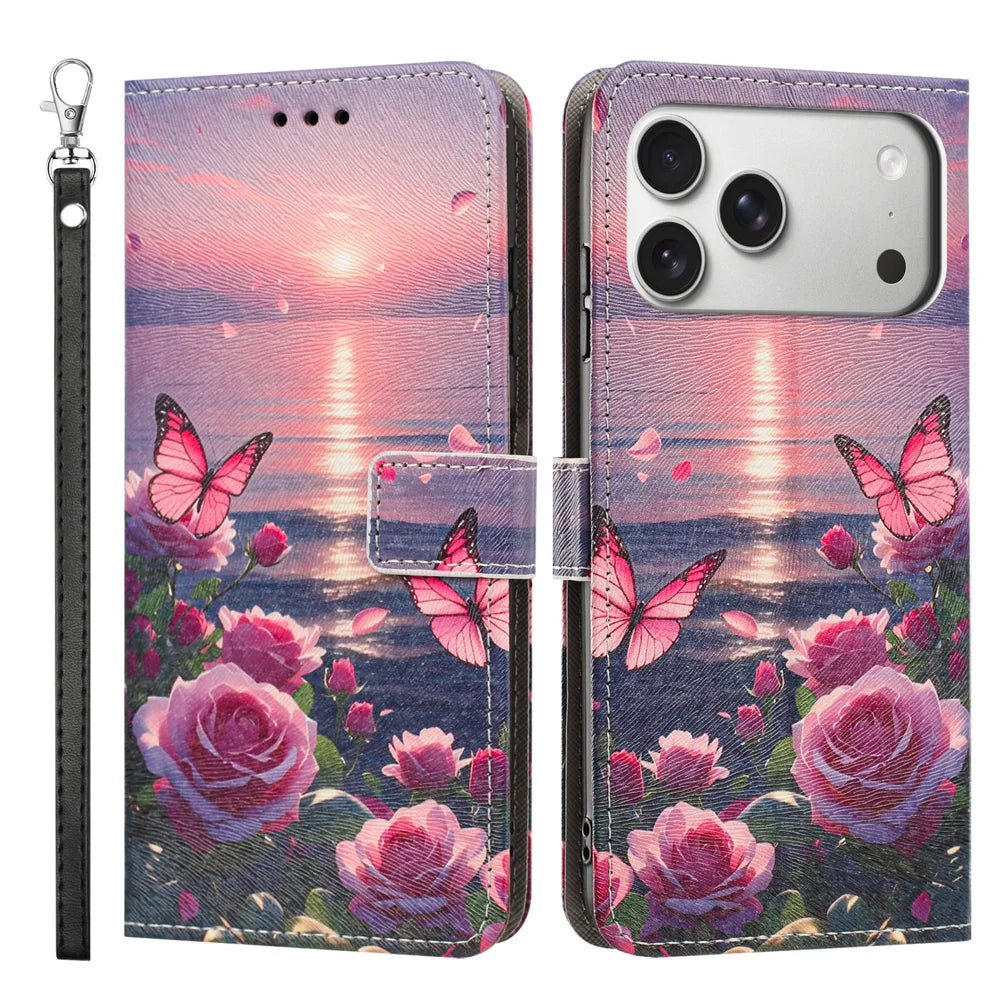 For iPhone 18 Pro / 17 Pro Case Pattern Printing PU Leather Flip Wallet Phone Cover with Wrist Strap - Rose Butterfly - 1