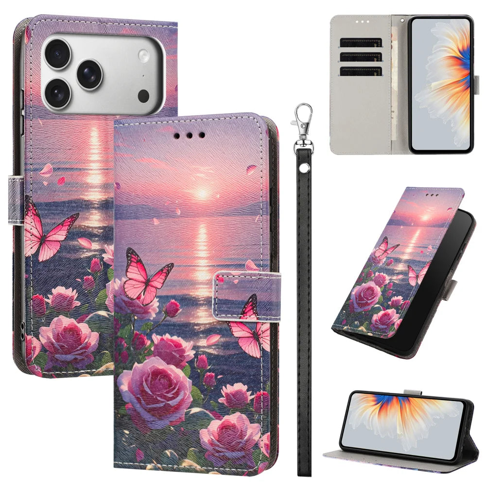 For iPhone 18 Pro / 17 Pro Case Pattern Printing PU Leather Flip Wallet Phone Cover with Wrist Strap - Rose Butterfly - 2