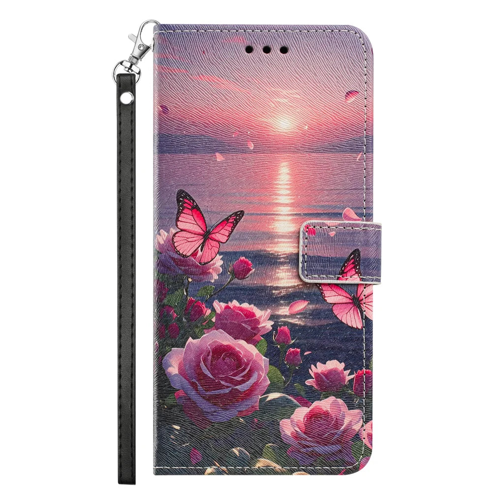 For iPhone 18 Pro / 17 Pro Case Pattern Printing PU Leather Flip Wallet Phone Cover with Wrist Strap - Rose Butterfly - 3