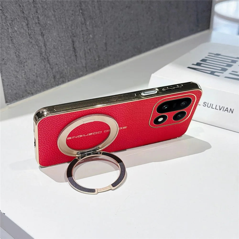 For OnePlus 15 5G Magnetic Case Litchi Pattern TPU PU Cover with Electroplated Metal Ring Kickstand - Red - 3