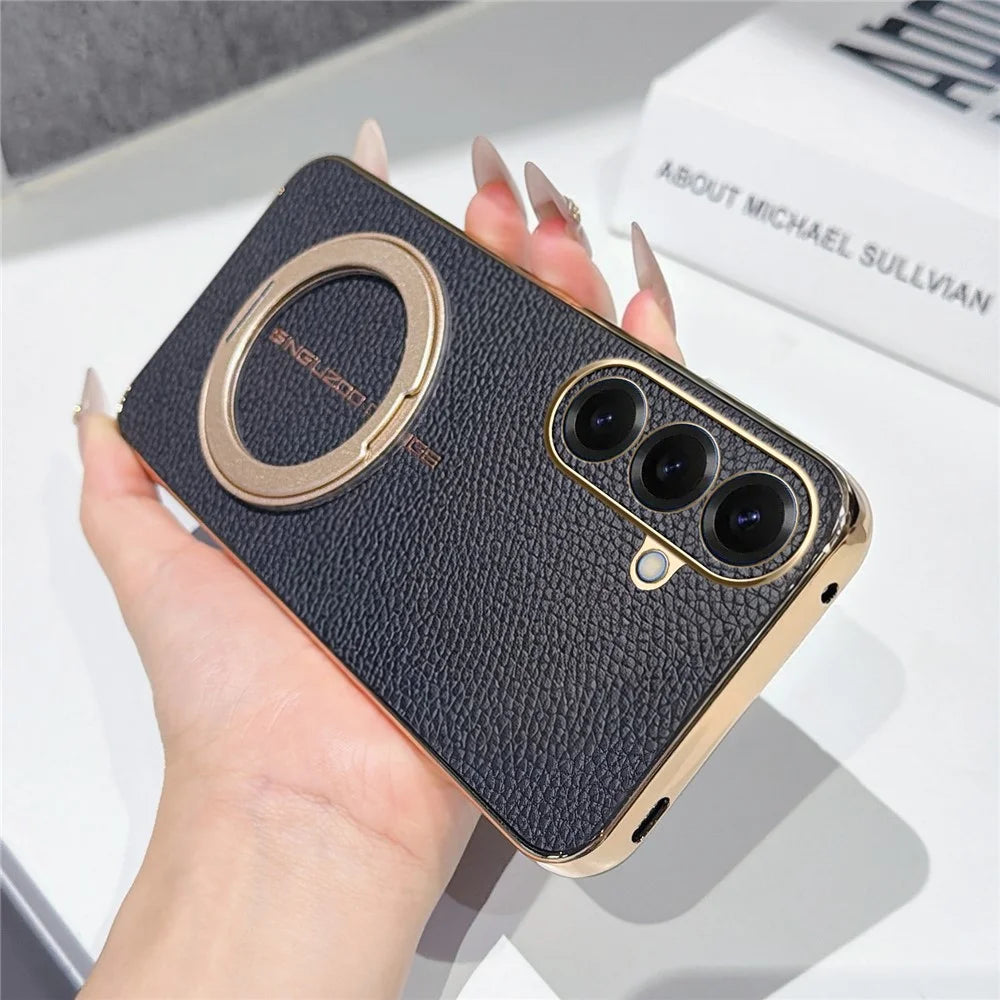 For Samsung Galaxy S26+ Magnetic Case Litchi Pattern TPU PU Cover with Electroplated Metal Ring Kickstand - Black - 2