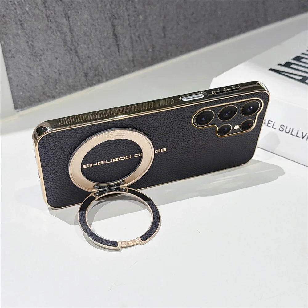 For Samsung Galaxy S25 Ultra Magnetic Case Litchi Pattern TPU PU Cover with Electroplated Metal Ring Kickstand - Black - 4