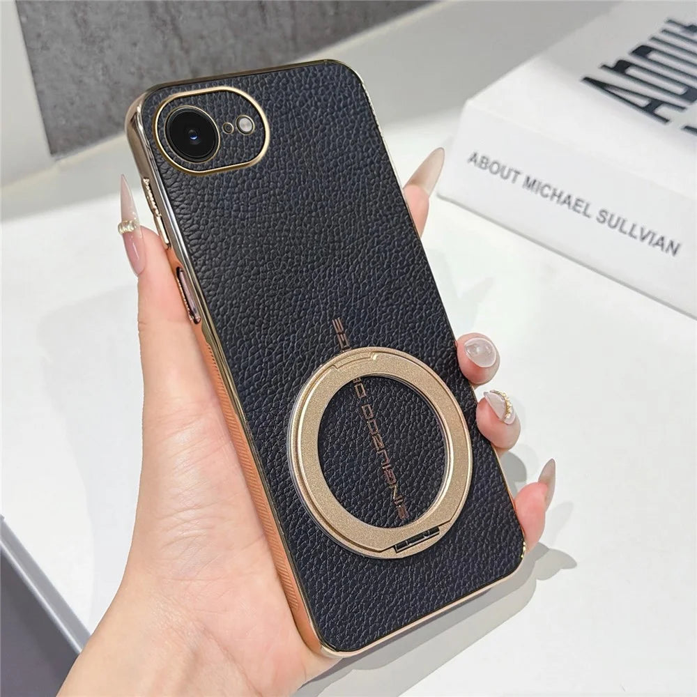 Magnetic Case For iPhone 17e / 16e Litchi Pattern TPU PU Cover with Electroplated Metal Ring Kickstand - Black - 1