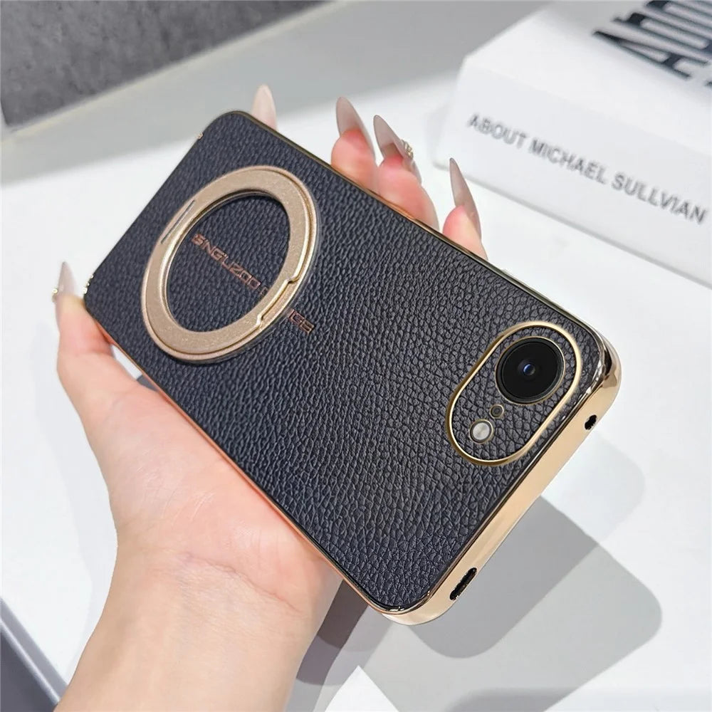 Magnetic Case For iPhone 17e / 16e Litchi Pattern TPU PU Cover with Electroplated Metal Ring Kickstand - Black - 2