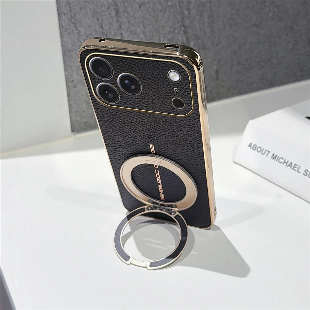 For iPhone 17 Pro Max Magnetic Case Litchi Pattern TPU PU Cover with Electroplated Metal Ring Kickstand - Black - 3