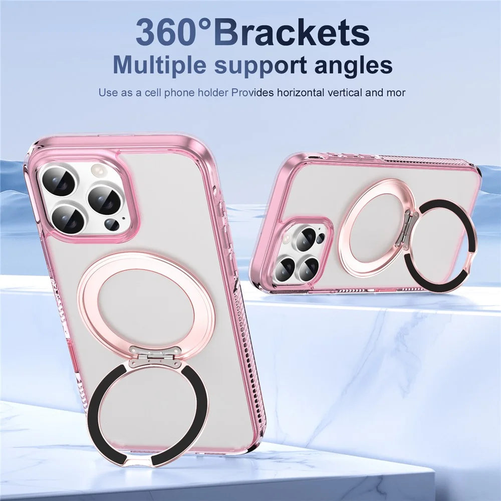 For iPhone 16 Pro Magnetic Case Rotating Kickstand PC + TPU Matte Phone Cover with Tempered Glass Film/Camera Button - Transparent Pink - 2