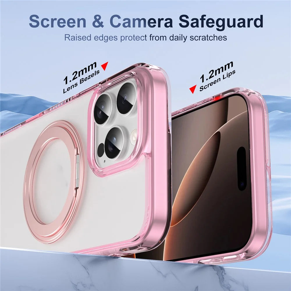For iPhone 16 Pro Magnetic Case Rotating Kickstand PC + TPU Matte Phone Cover with Tempered Glass Film/Camera Button - Transparent Pink - 6
