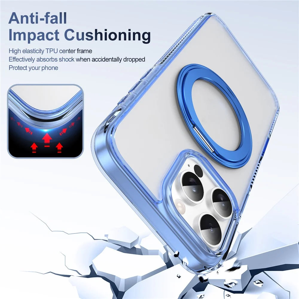 For iPhone 16 Pro Max Magnetic Case Rotating Kickstand PC + TPU Matte Phone Cover with Tempered Glass Film / Camera Button - Transparent Blue - 4